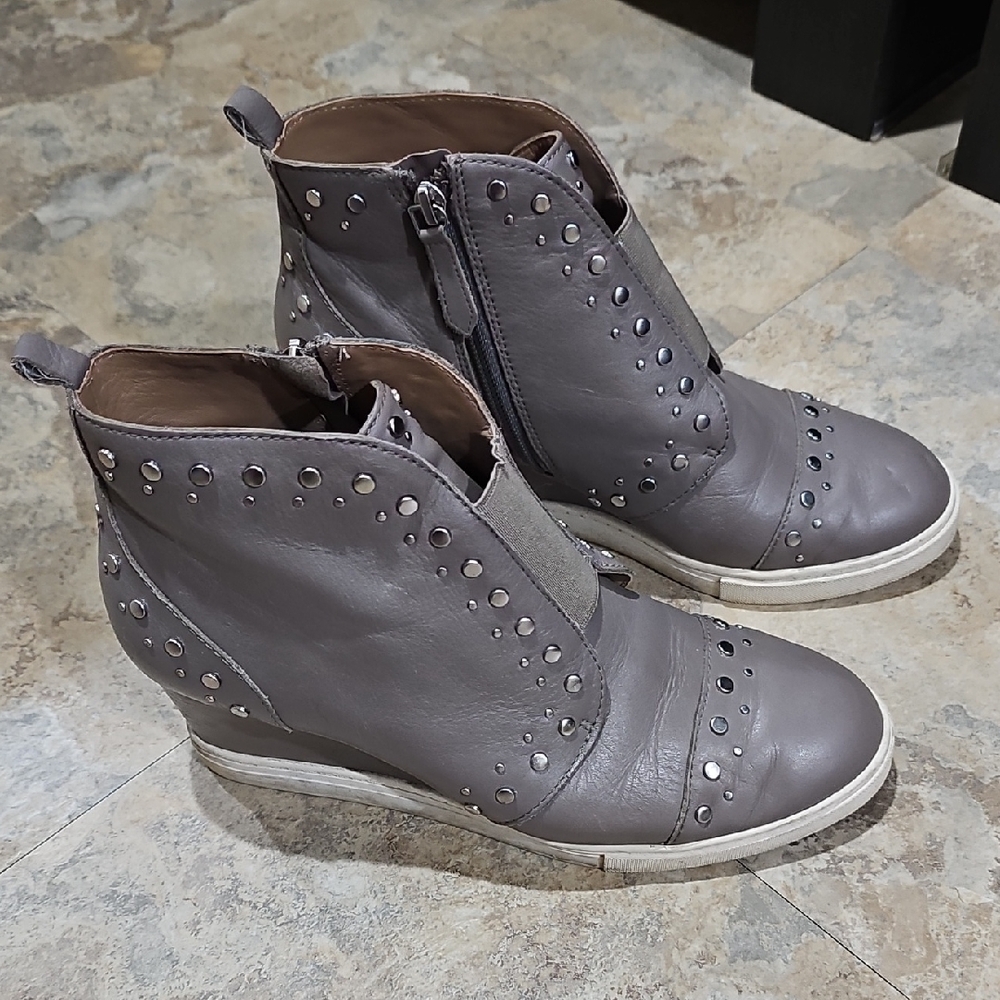 Linea Paolo Studded Taupe Leather Wedge Ankle Booties